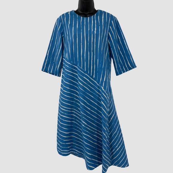Marimekko Minuetti Rakky Asymmetric Stripe Midi Dress | Blue & White | Small - Picture 2 of 8